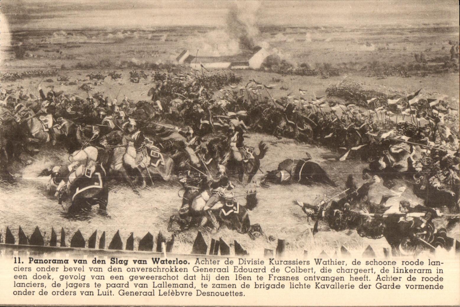 CPA Panorama van den Slag van Waterloo Achter de Divisie Kurassiers Wathier of schoore roode Militaria lancers