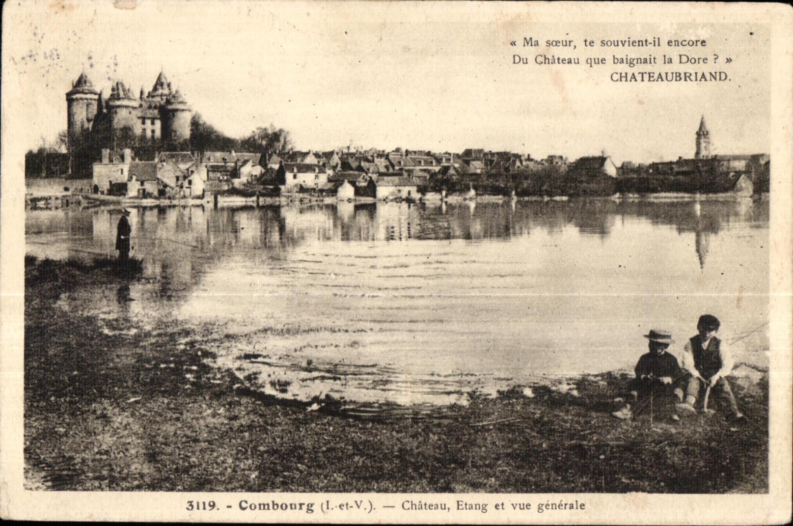 CPA Combourg Chateau Etang et vue generale Enfants