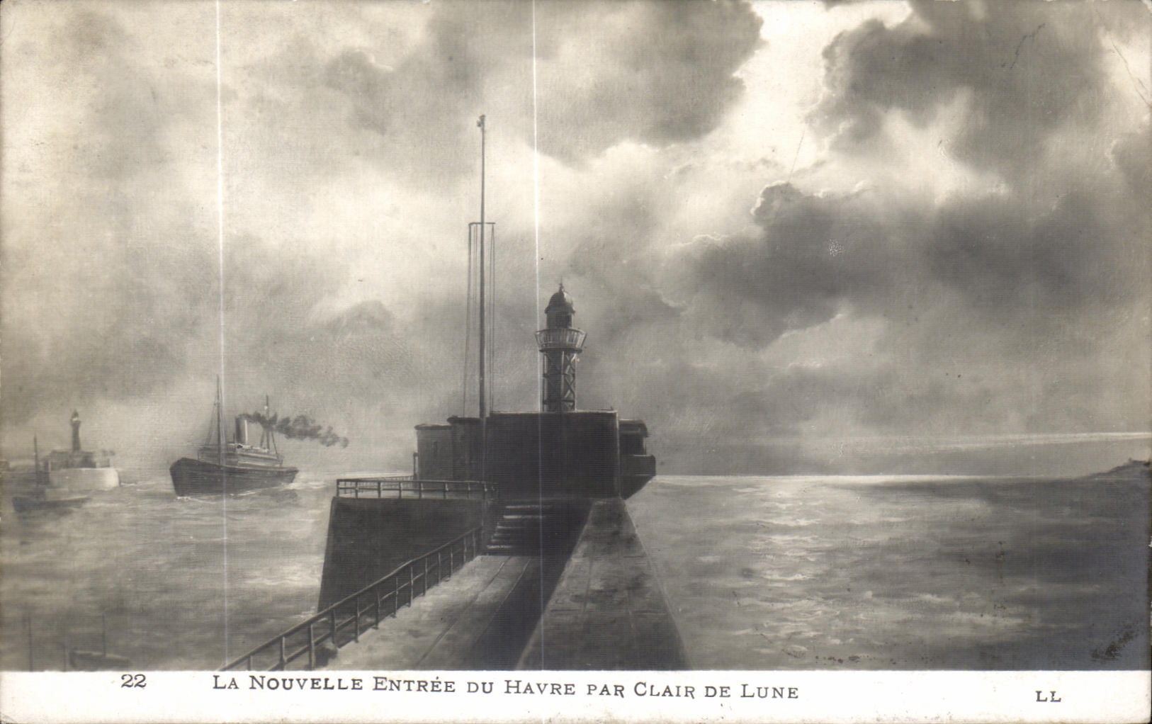 CPA La Nouvelle Entree Du Havre Par Clair De Lune Bateau Phare Lighthouse