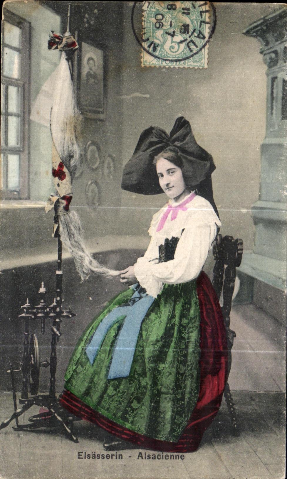 Alsatian CPA Elsasserin Folklore costume Ropemaking machine