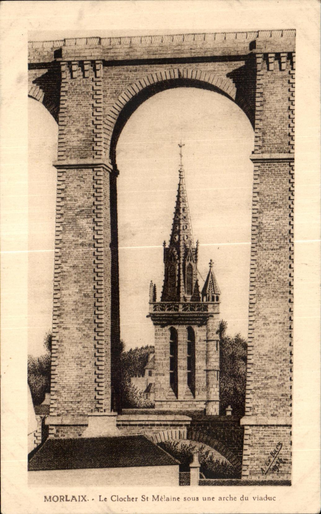 CPA Morlaix Le Clocher St Melaine sous une arche du viaduc