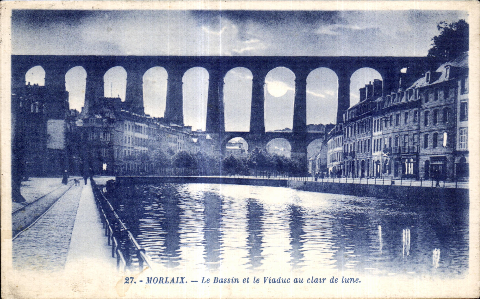 CPA Morlaix Le Bassin a flot et le Viaduc au clair de lune