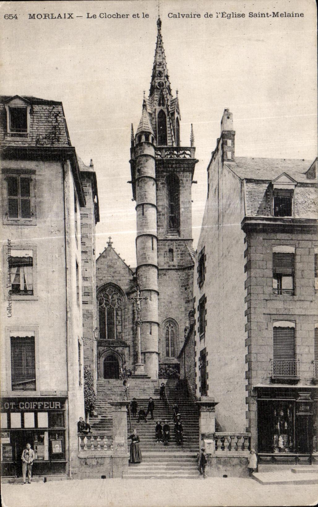 CPA Morlaix Le clocher et le calvaire de l Eglise Saint Melaine