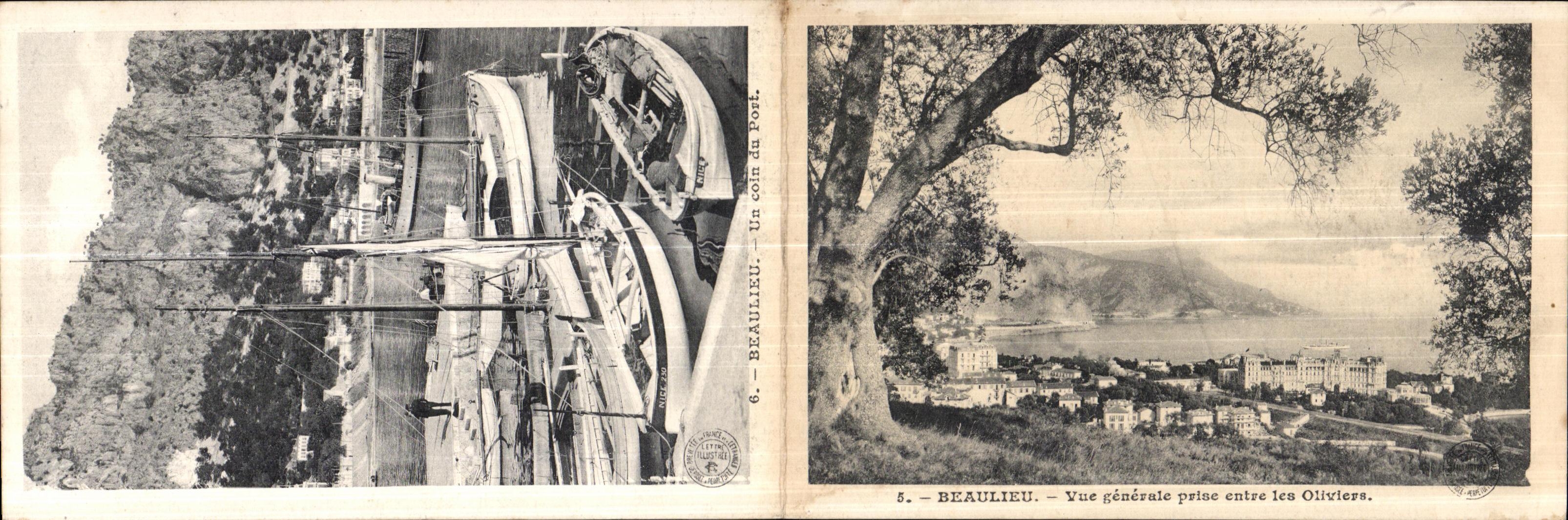 CARTE DOUBLE Beaulieu Vue generale prise entre les Oliviers Un coin du port Bateau Voilier