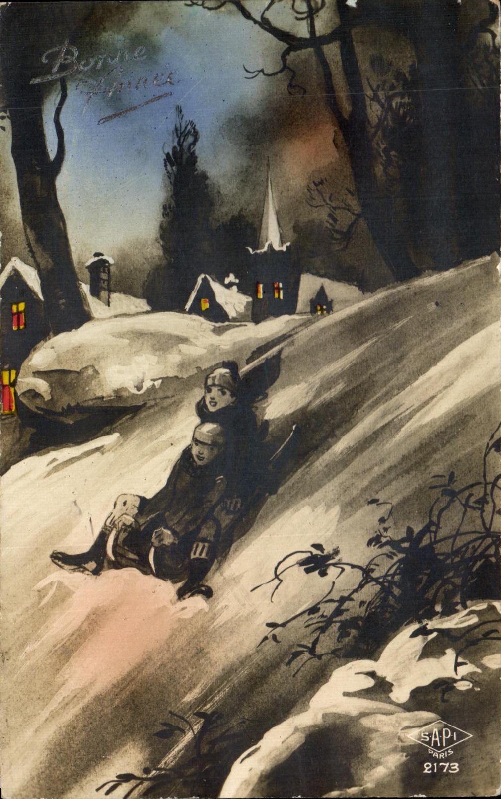 CPA Fantasy Children Toboggan Happy New Year