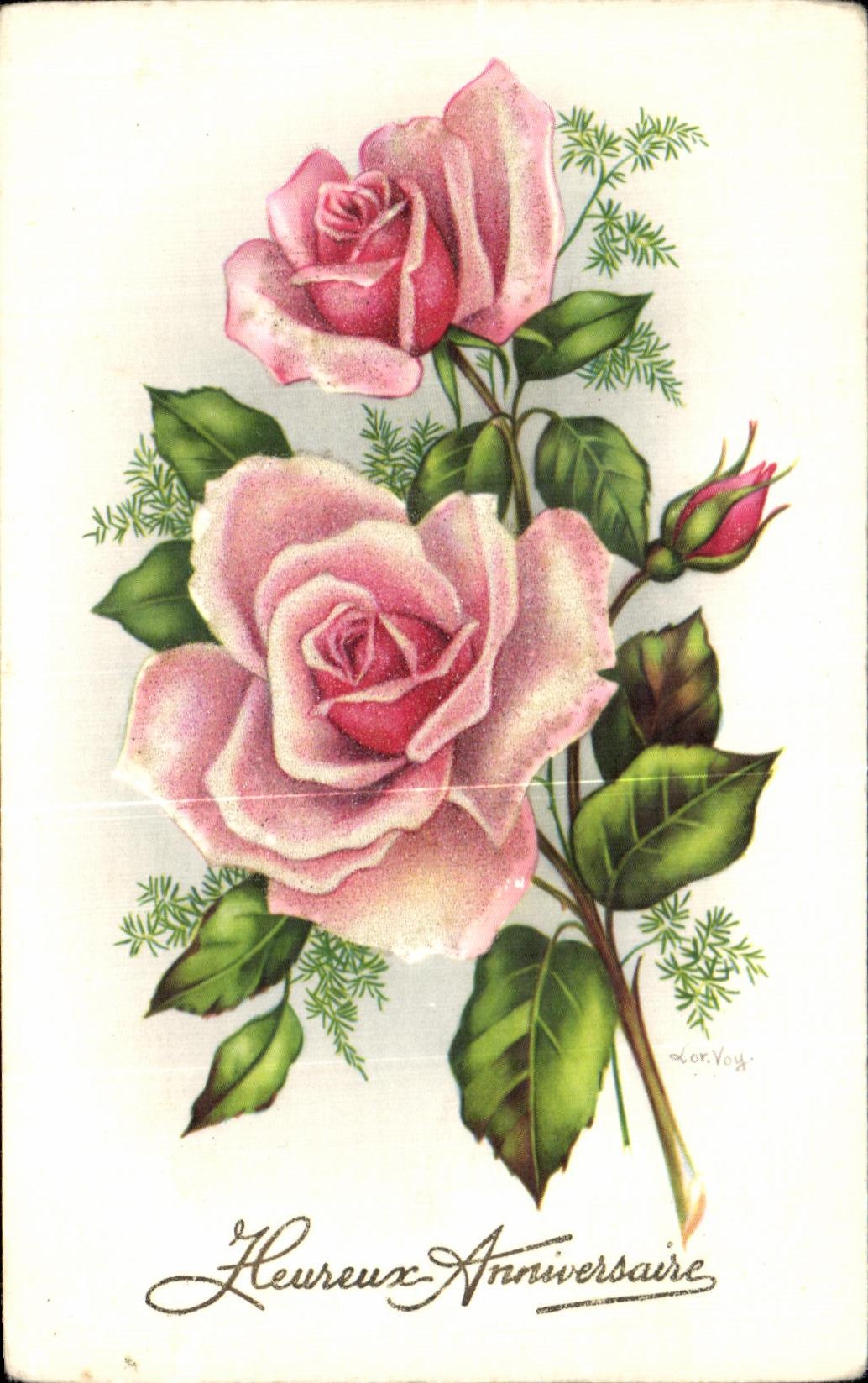 CPA Fantaisie Fleurs Rose Anniversaire