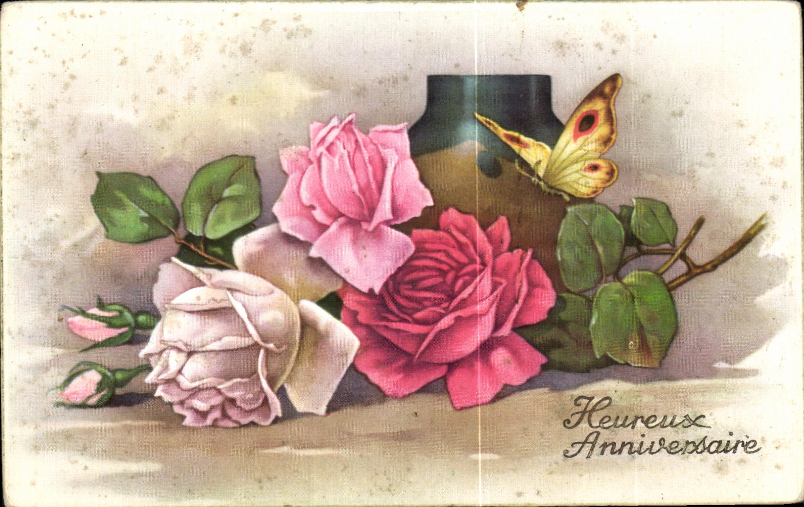 CPA Fantaisie Fleurs Rose Papillon Butterfly