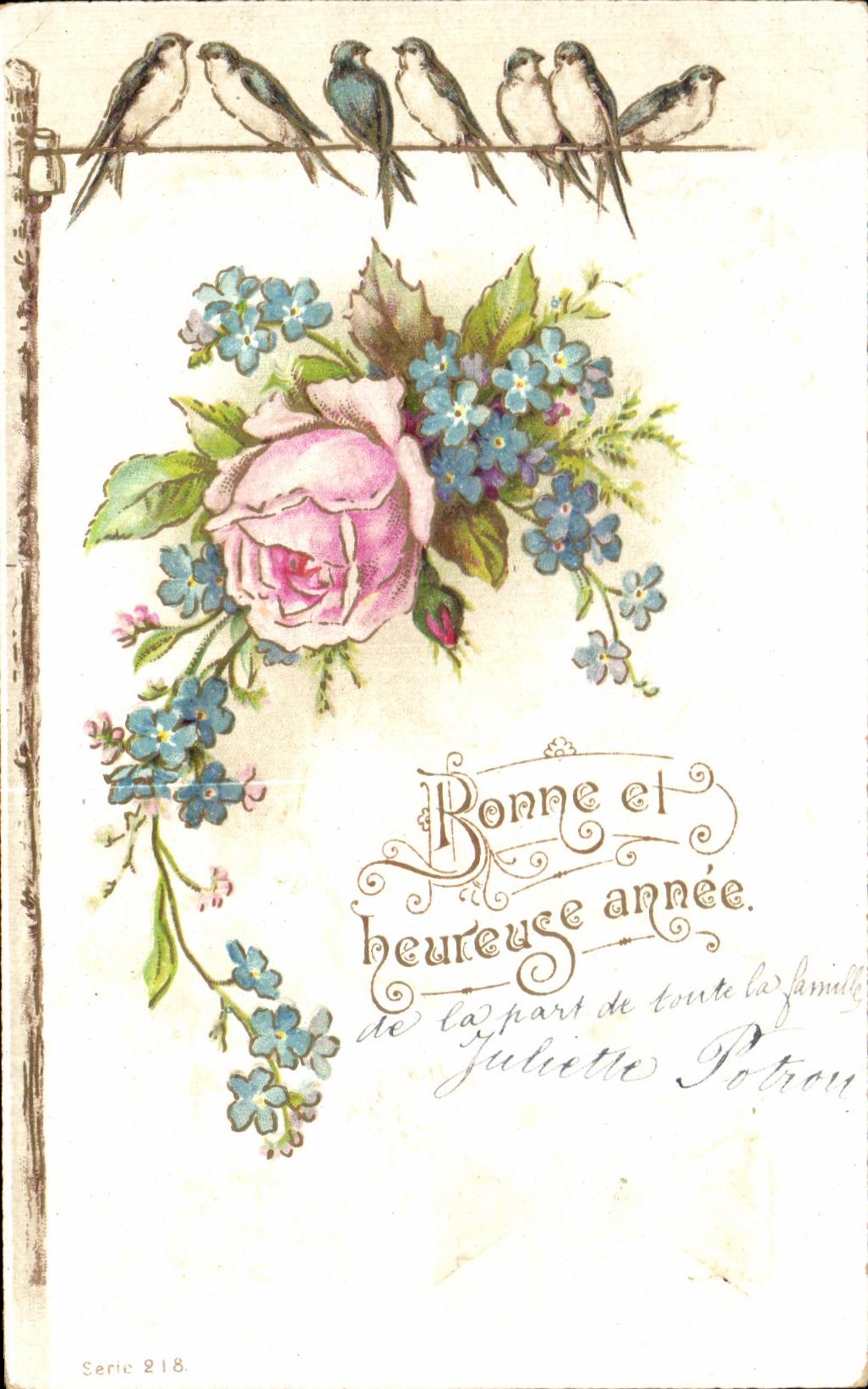 CPA Fantaisie Fleurs Rose Bonne et beureuse annee Hirondelles 