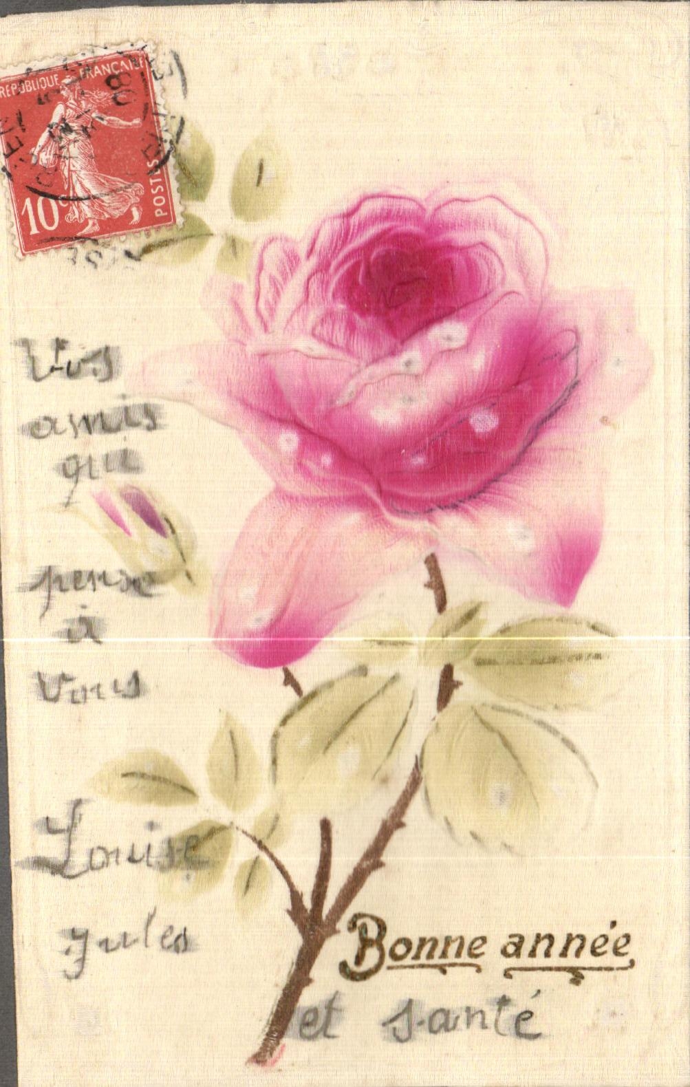 CPA Fantaisie Fleurs Rose Bonne annee (decor en tissu)