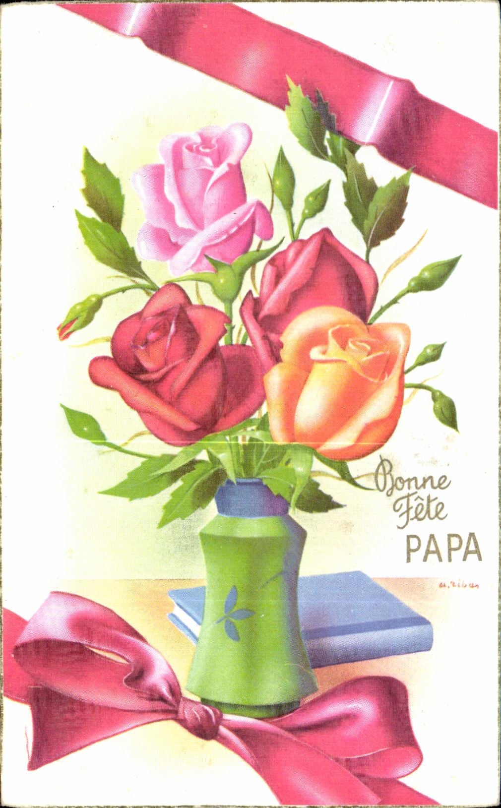 CPA Fantaisie Fleurs Rose Bonne fete papa