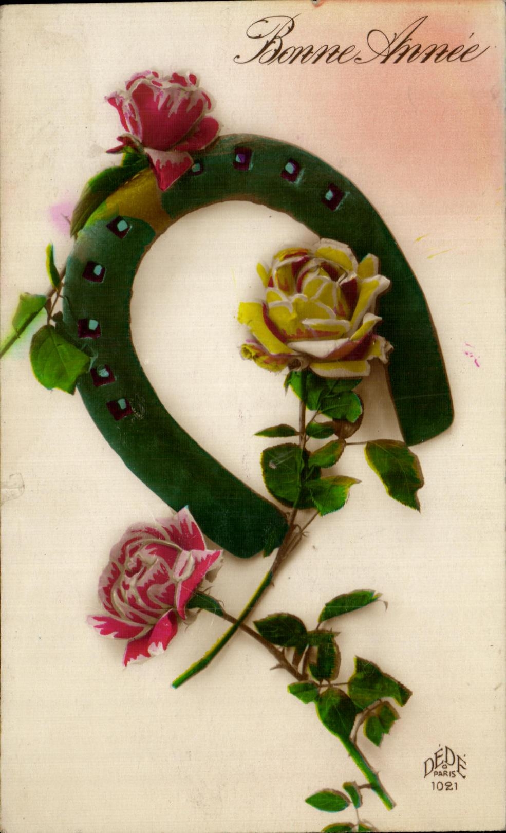 CPA Fantaisie Fleurs Bonne Annee Fer a cheval
