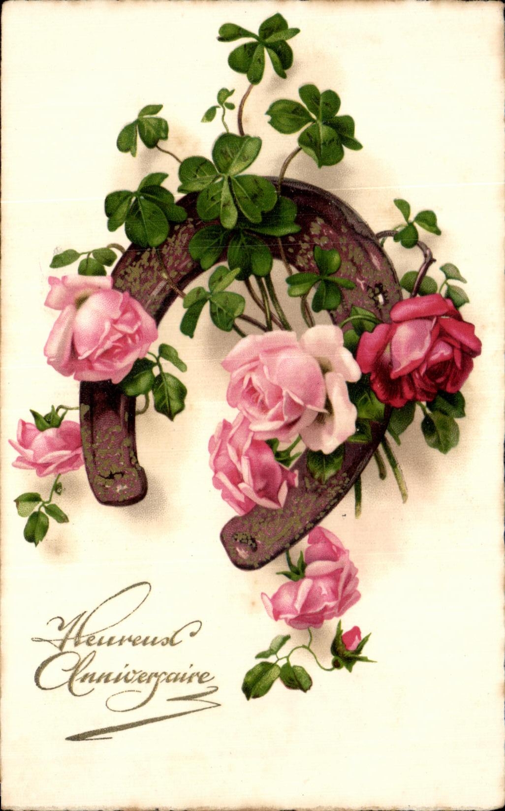 CPA Fantaisie Flower Happy Birthday Horseshoe