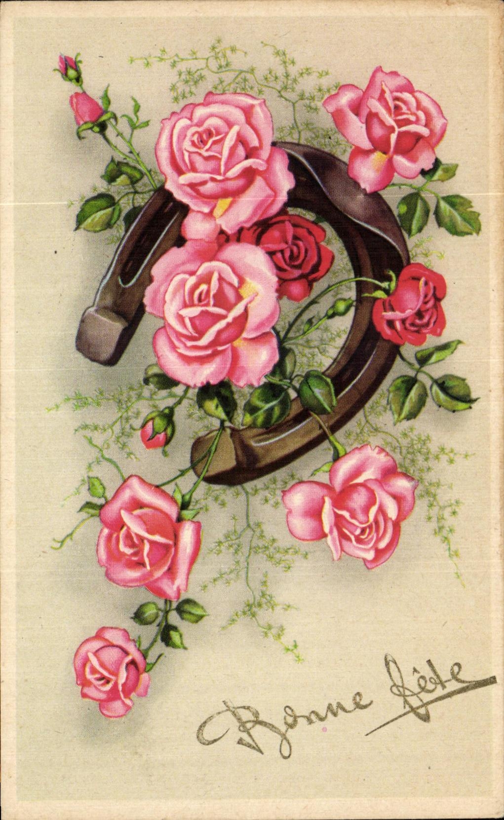 CPA Fantaisie Fleur Bonne fete Fer a cheval