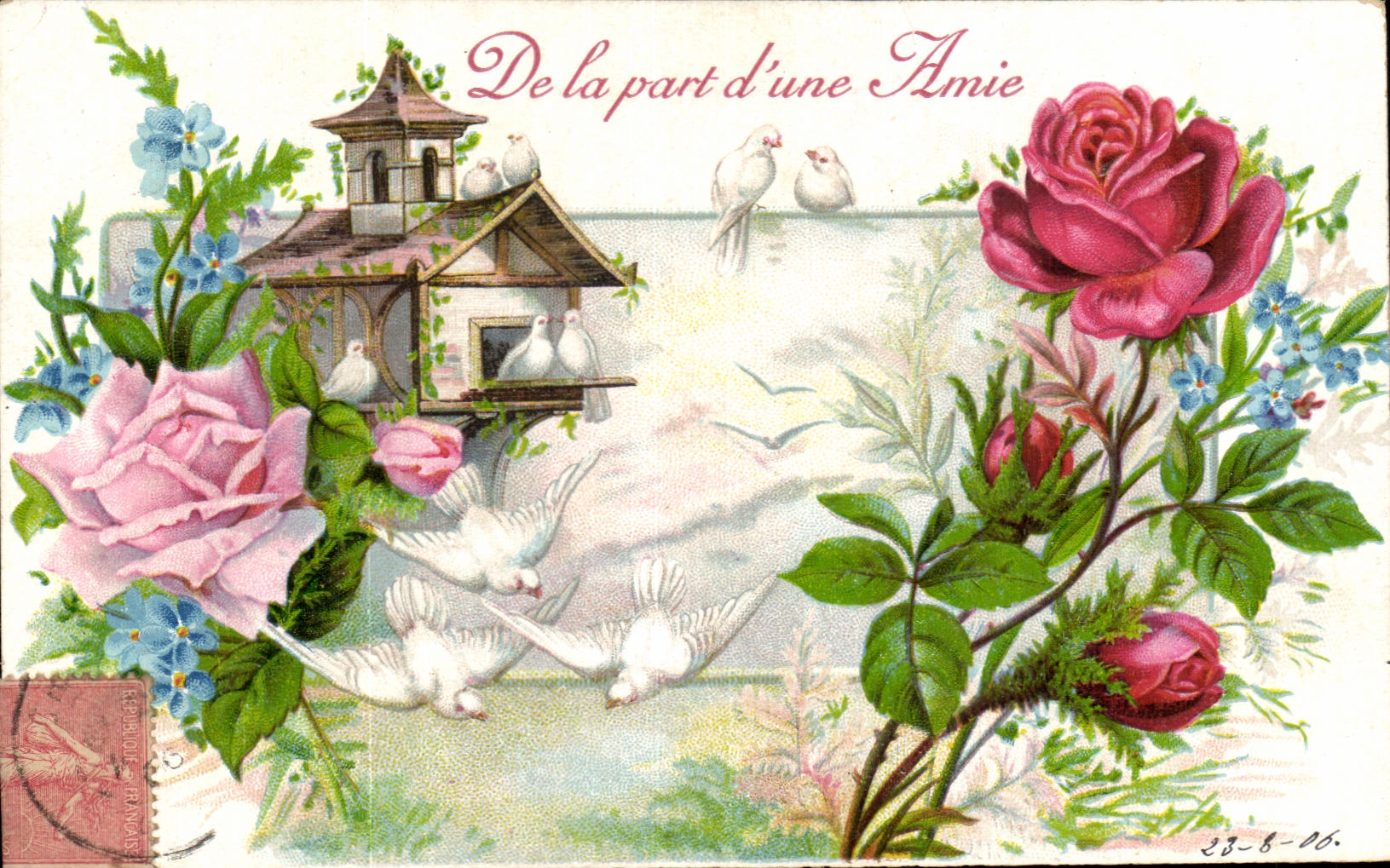 CPA Fantaisie Fleur De la part d une amie Colombe 