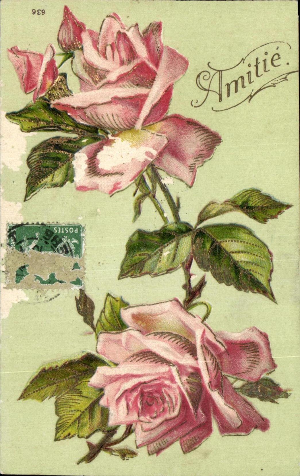 CPA Fantaisie Fleur Amitie roses