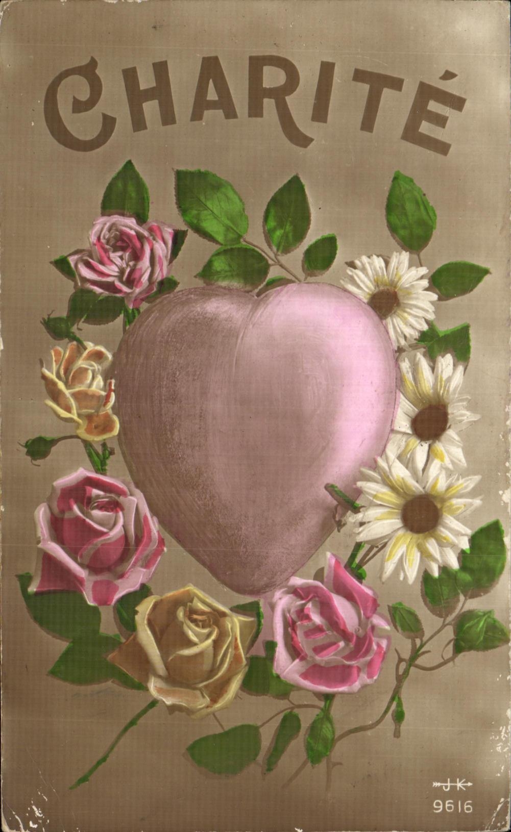 CPA Fantaisie Fleur Charite Coeur Heart
