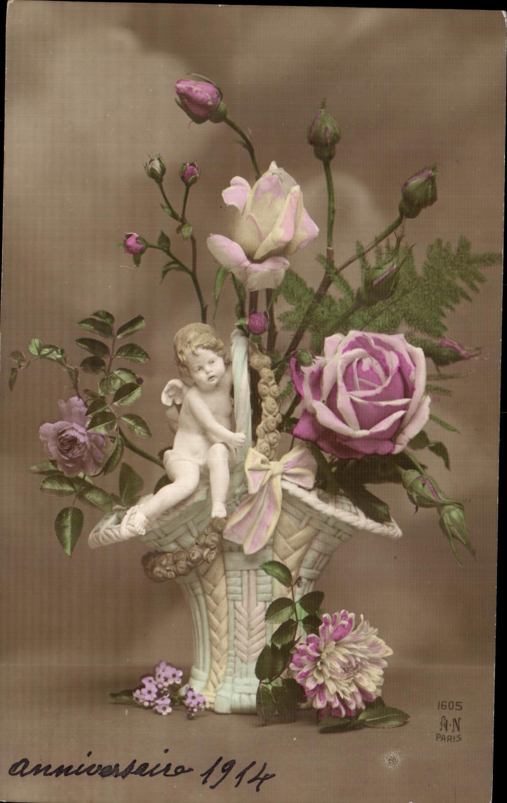 CPA Fantaisie Fleurs Anniversaire santons