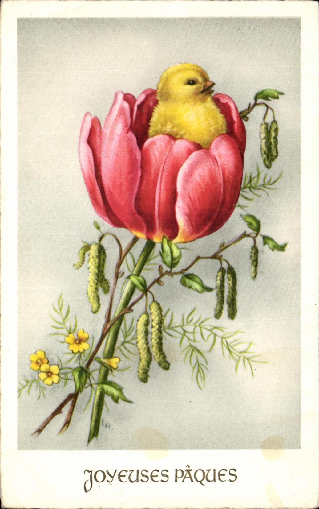 CPA Fantaisie Fleurs Joyeuses Paques Poussin 