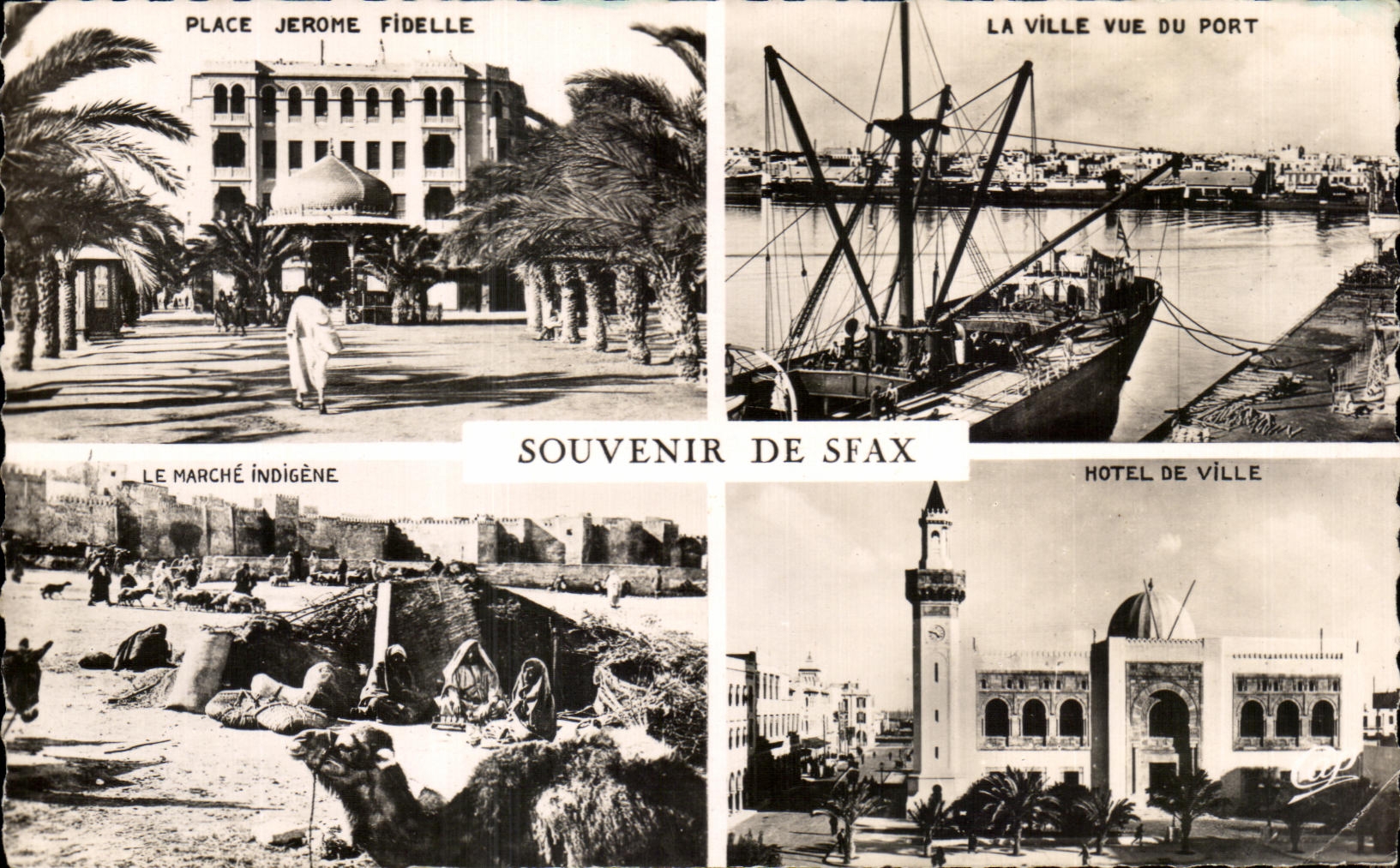 CPA Souvenir de Sfax Tunisie Place Jerome Fidele Ville vue du port Marche indigene Hotel de ville