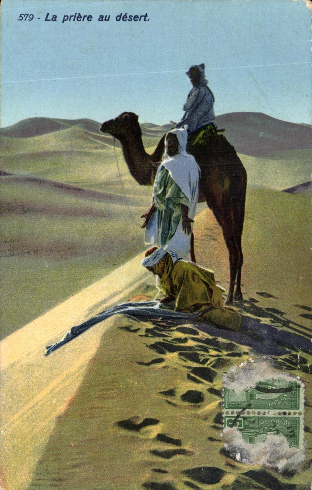 CPA Tunisia the Prayer with the desert Camel camel