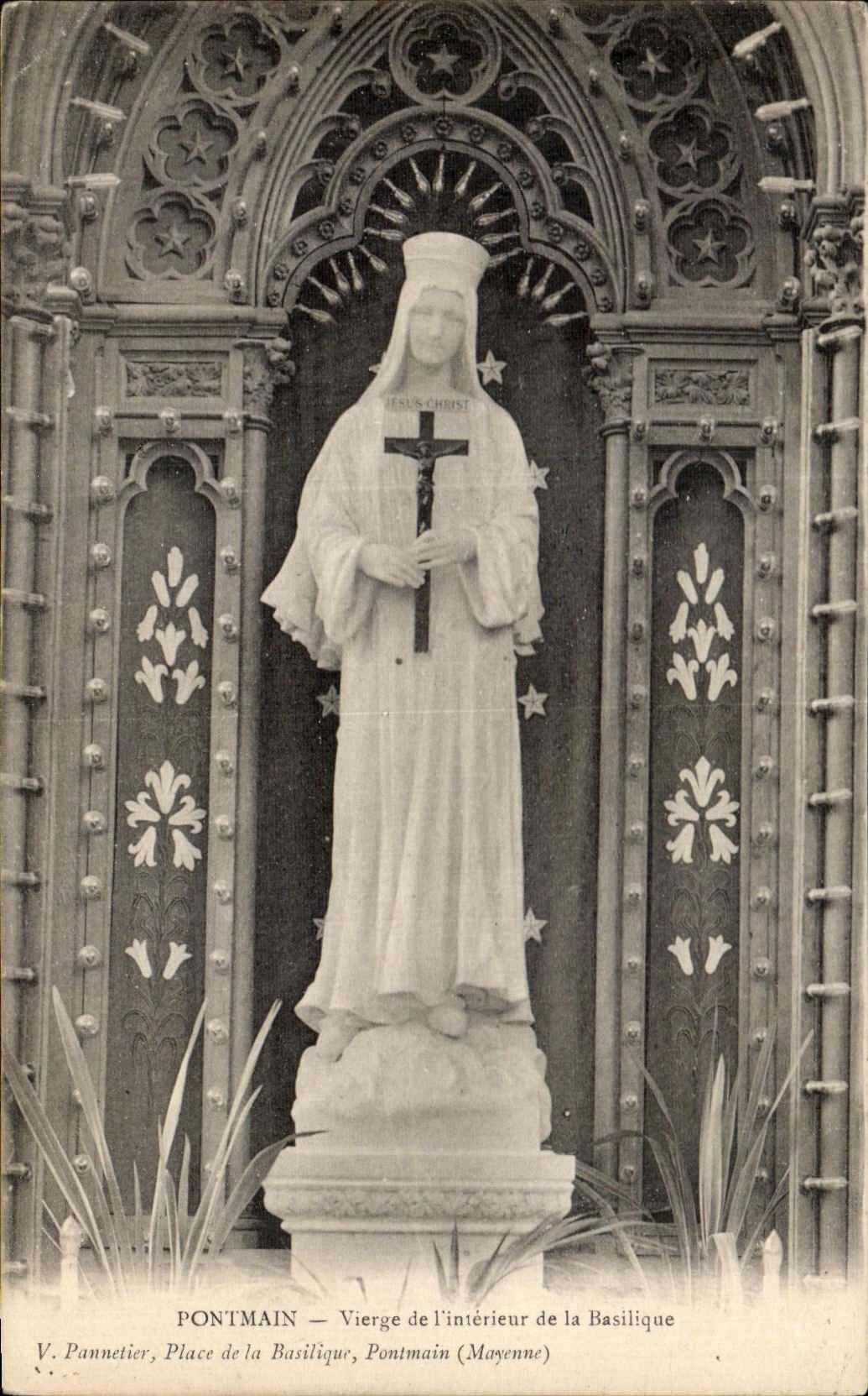 Virgen CPA Pontmain del interior de la basilica