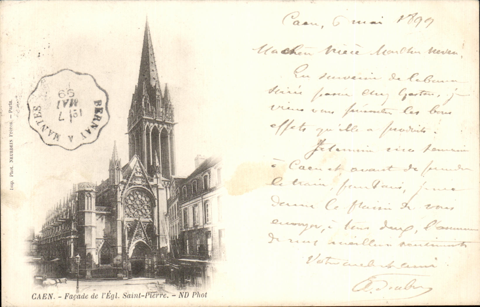 Ataque frontal de CPA Caen de la carta 1899 del Saint Pierre de la iglesia de I
