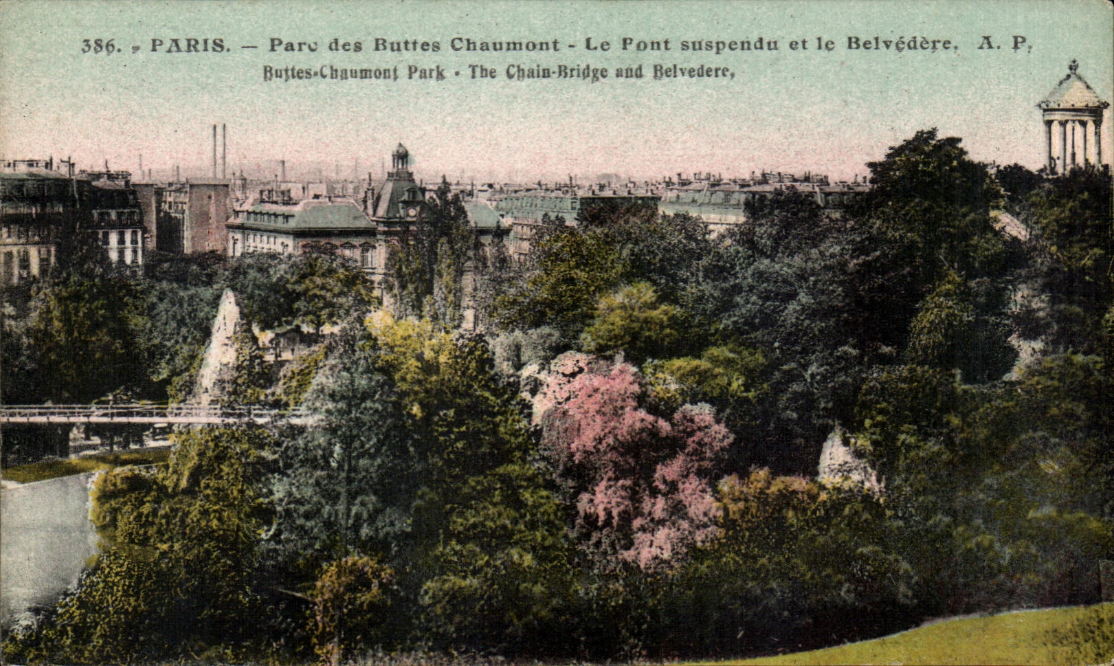 CPA Paris Park of the Chaumont Hillocks the Suspended bridge and the View-point Hillocks Chaumont Park The Chain Bridge and View-point