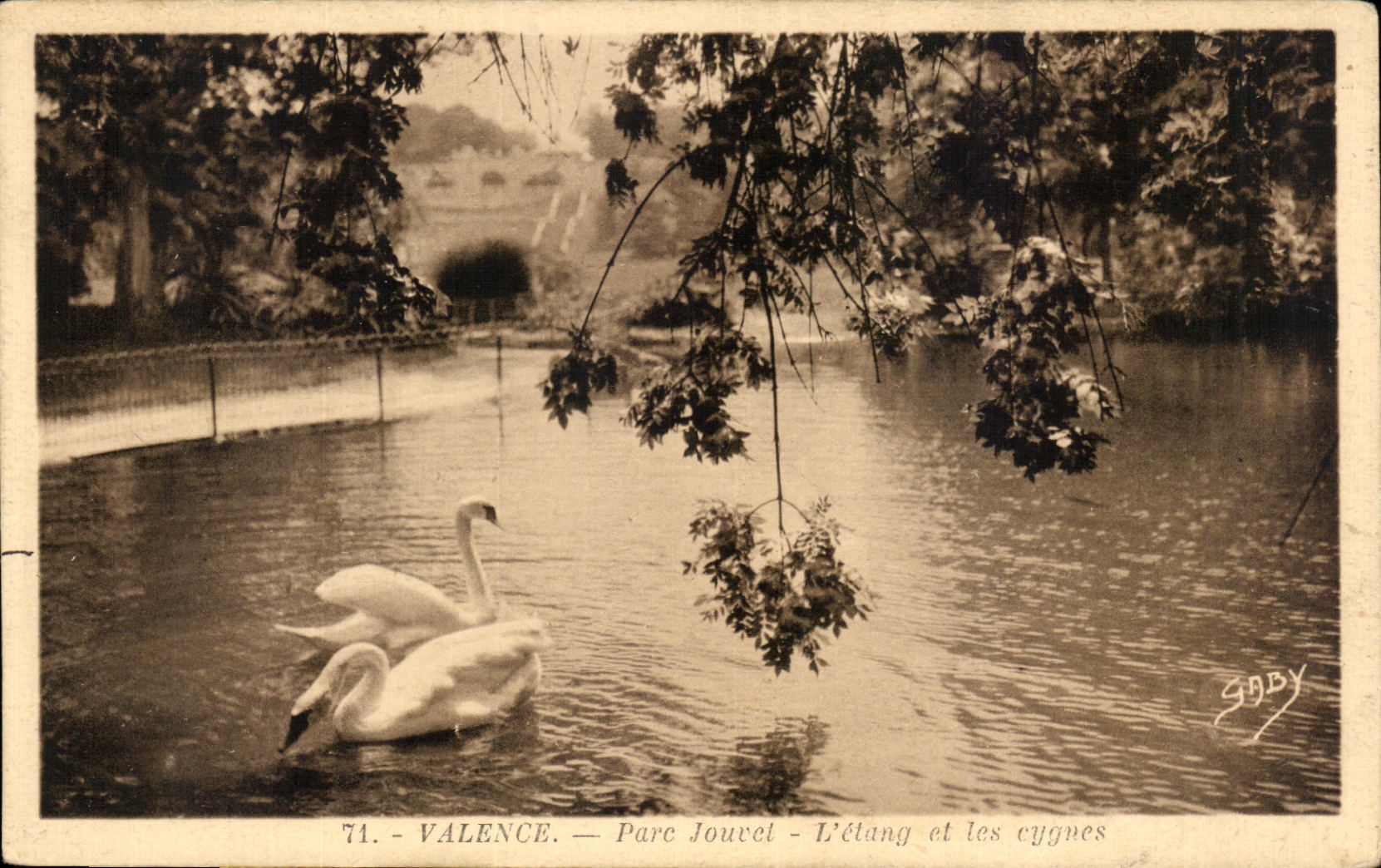 Charca de Jouvet del parque de la valencia de CPA y los cisnes del cisne