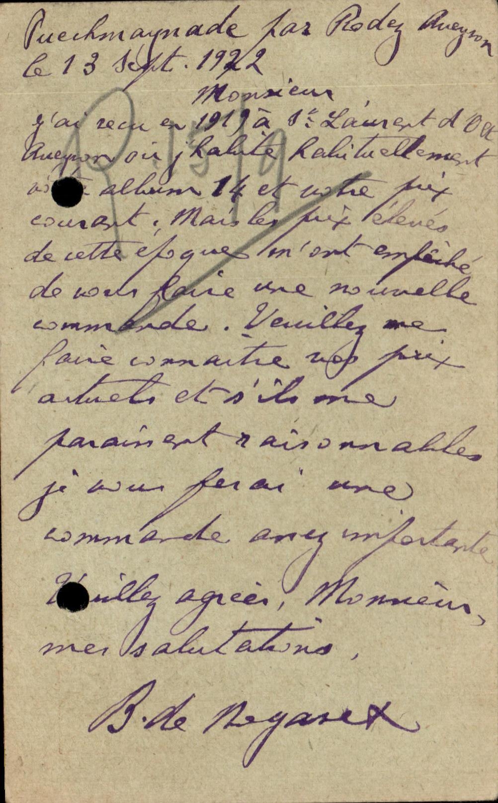 Carte 13 septembre 1922 Puechmayade par Rodez Aveyron Castelnaudary