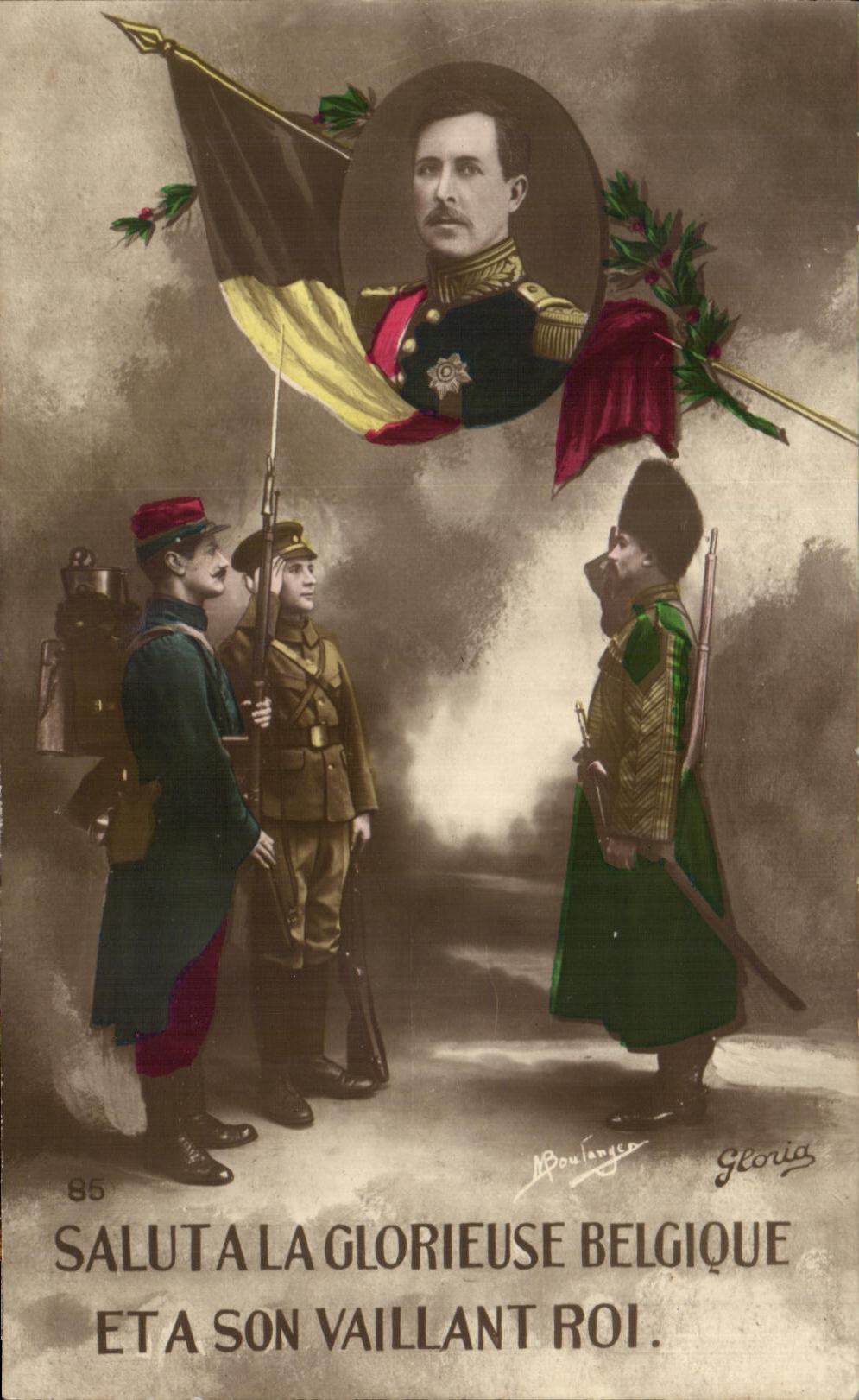 CPA Hello in glorious Belgium and has its valiant king Militaria