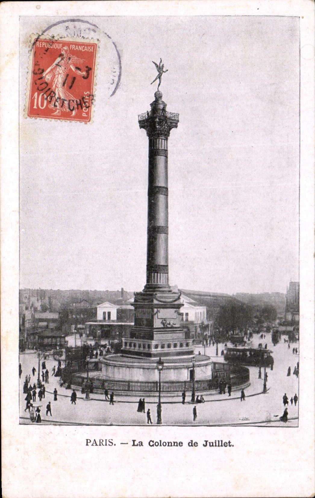 CPA Paris La colonne de Juillet Publicite au dos Oriflamme Petrole de luxe Desmarais Freres