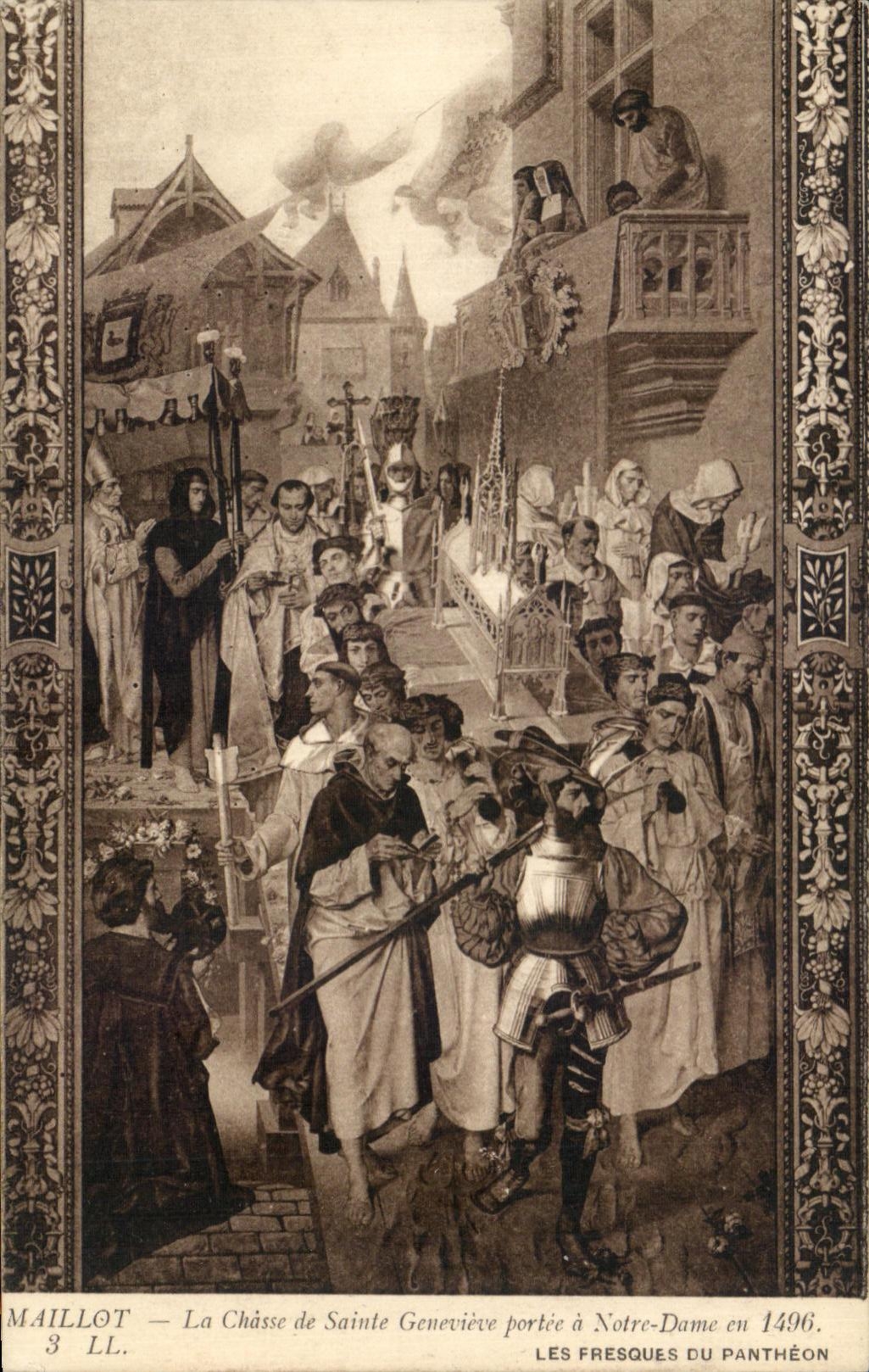 CPA Maillot la Chasse de sainte Genevieve Porte a notre Dame en 1496 Pantheon Paris 