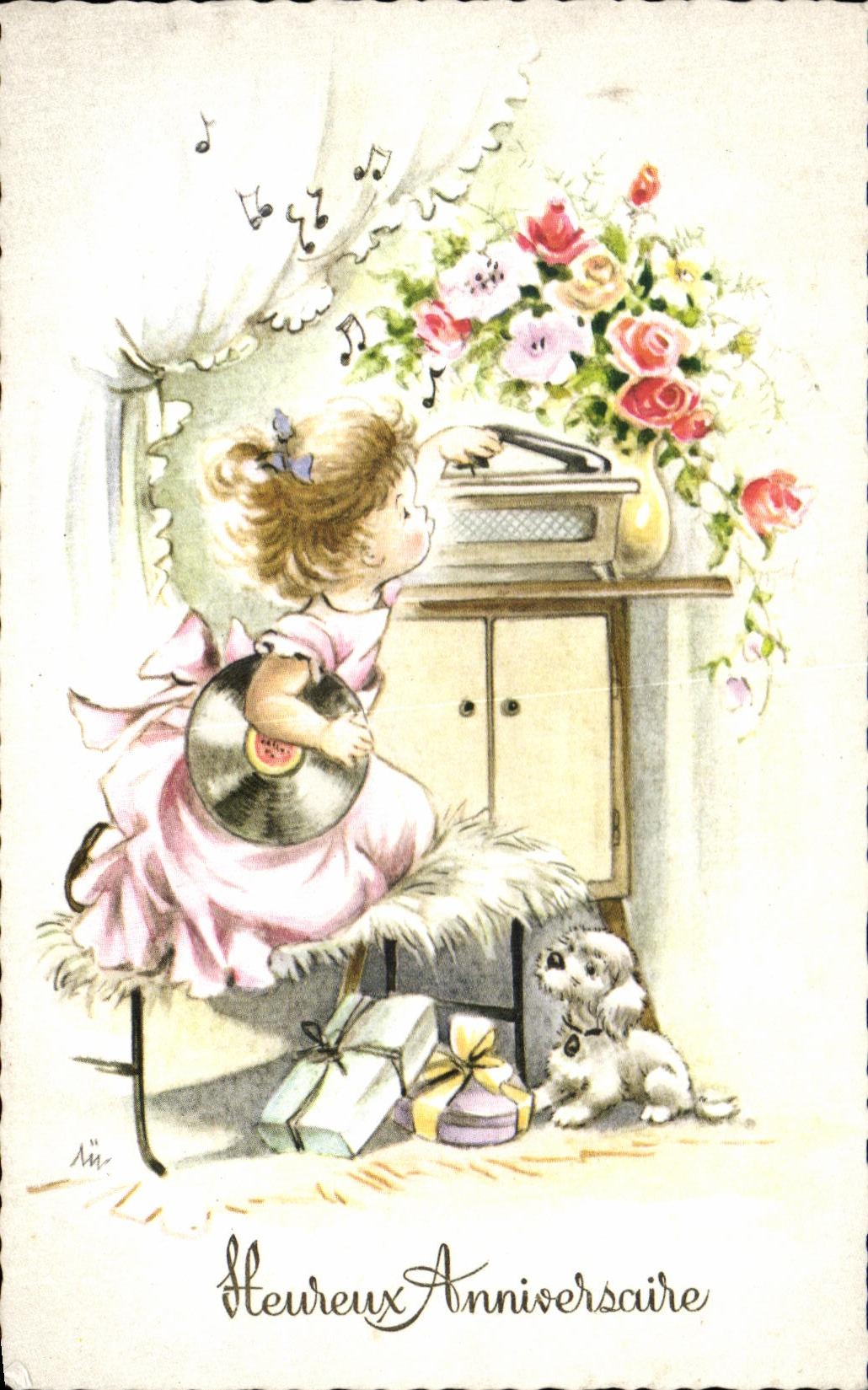 CPA Fantaisie Fleurs Enfant Chein Dog Heureux Anniversaire