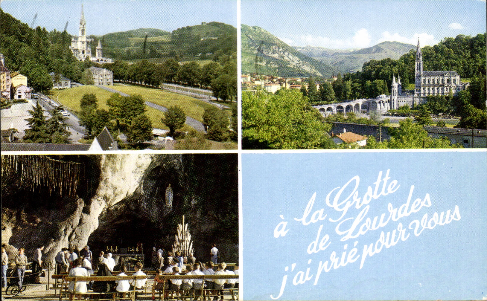 CPA Lourdes the Basilica In the center roof of the underground Basilica the Basilica and the Pyrenees the Cave