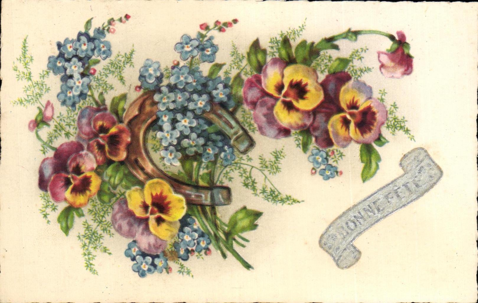 CPA Fantaisie Fleurs Bonne Fete Fer a cheval