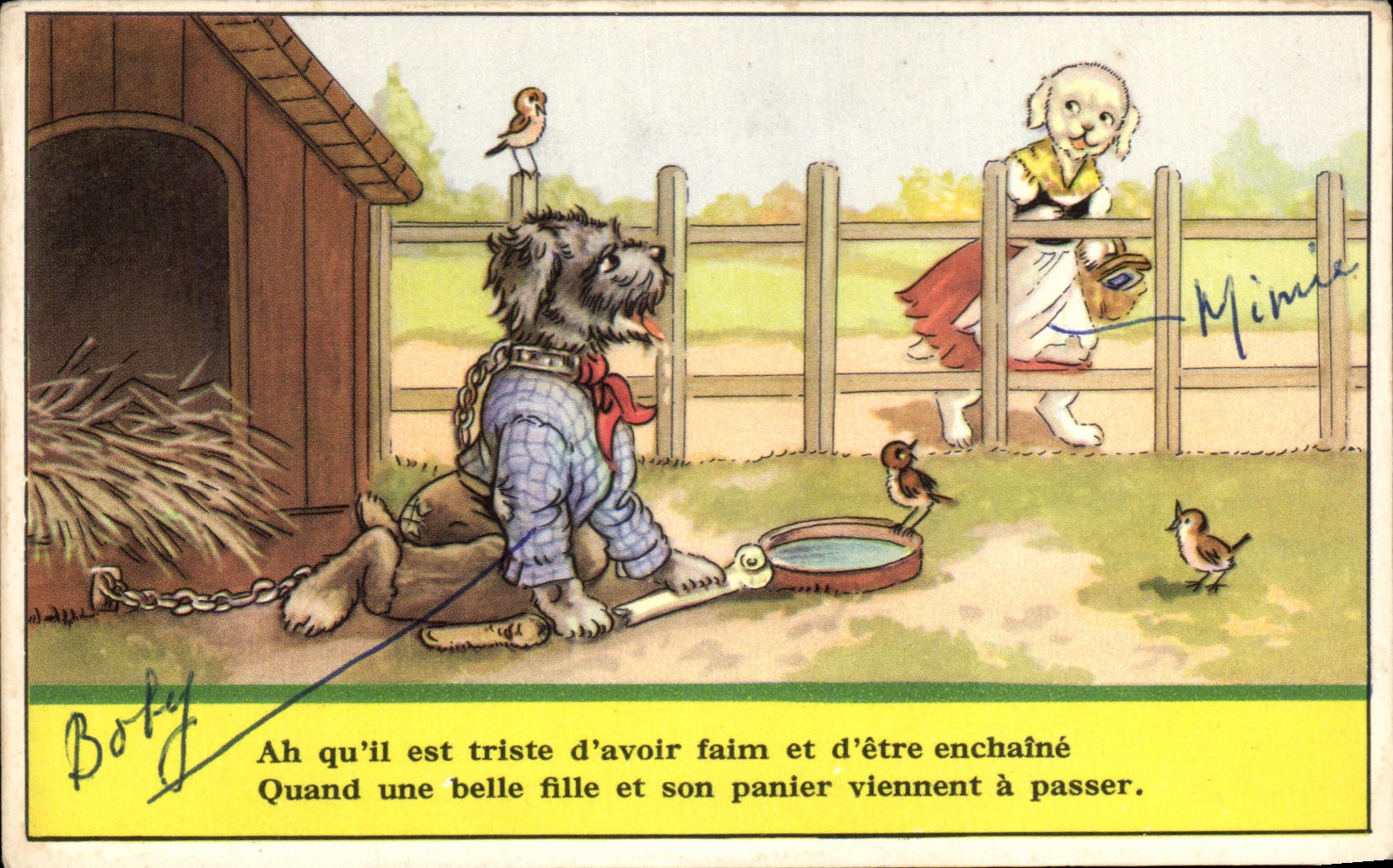 CPA Ah qu ll est triste d avoir faim et d etre enchaine Quand une belle fille et son panier Viennent a passer Chiens Dog
