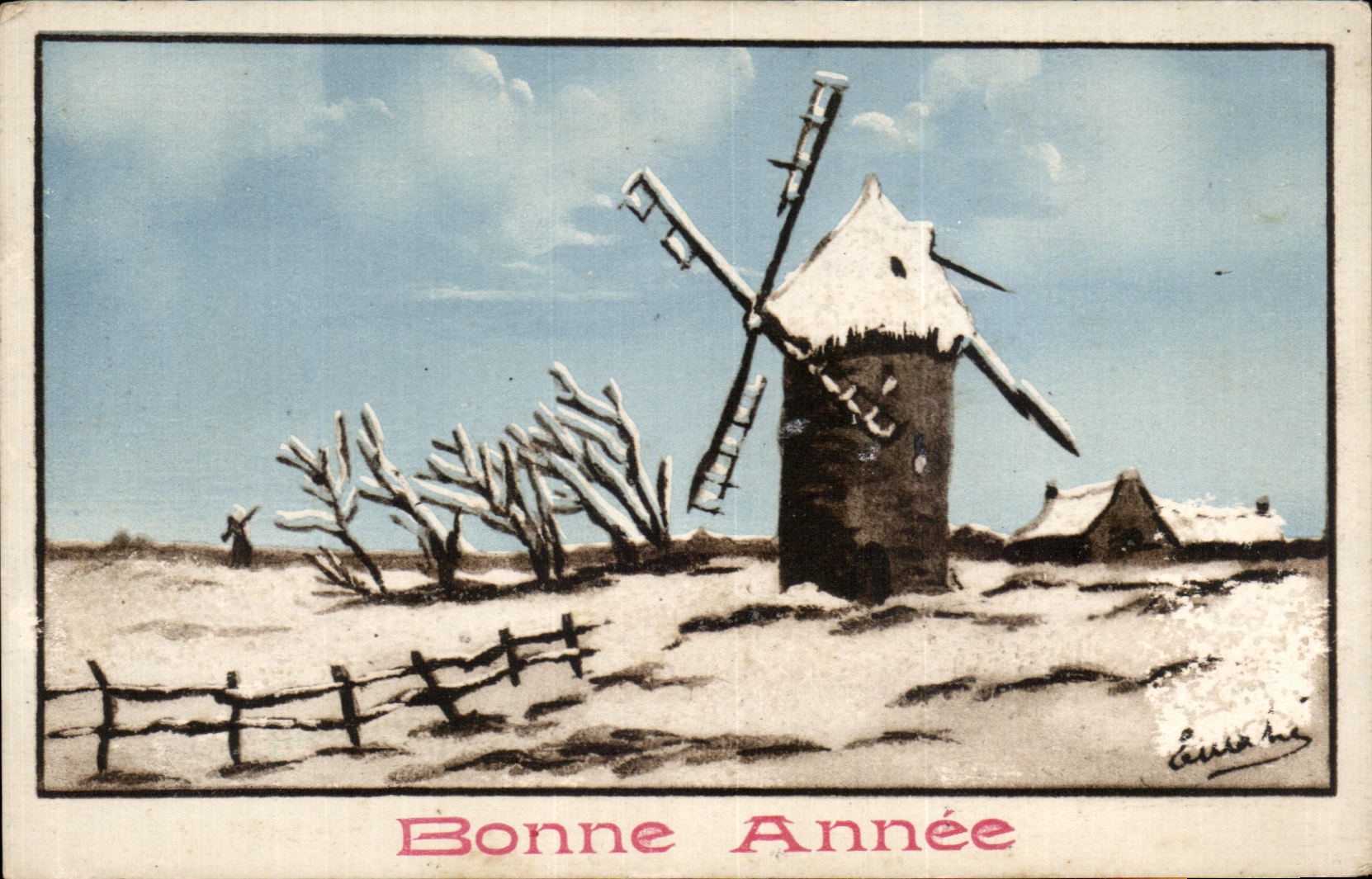 CPA Fantaisie Bonne Annee Moulin Windmill