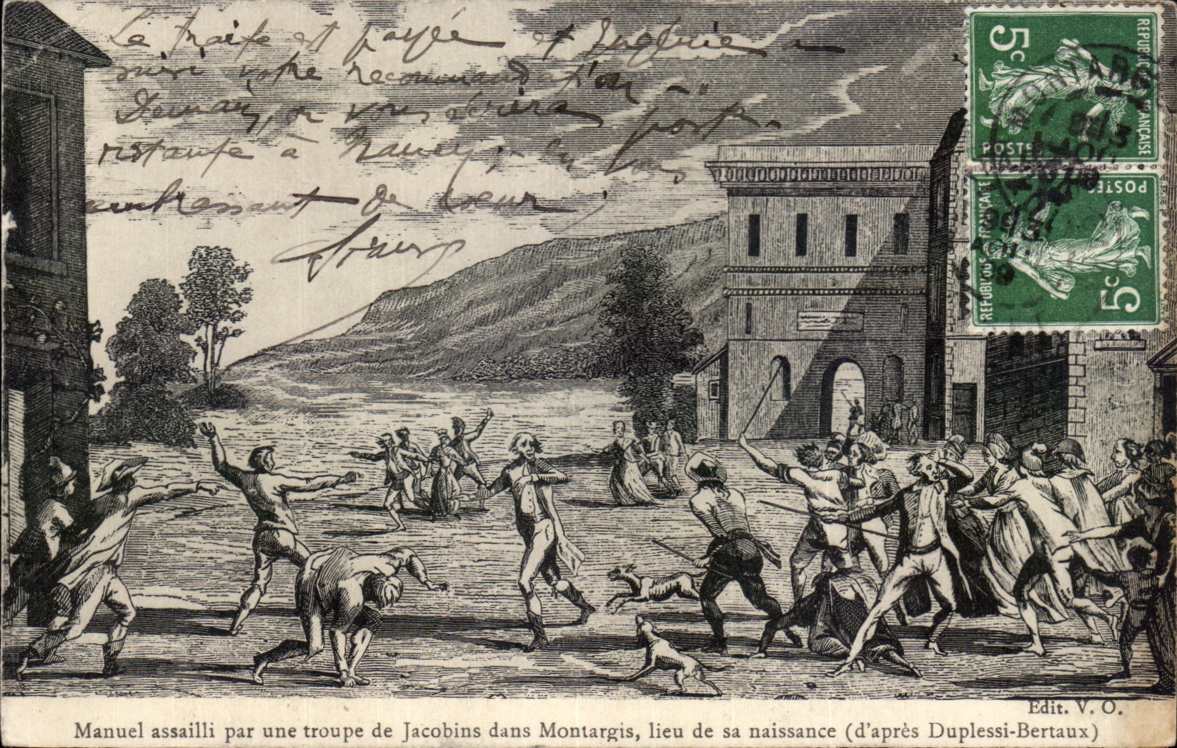 Manual CPA attacked By a troop of Jacobins in montargis place of his birth