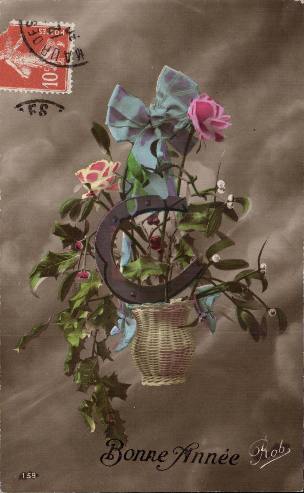 CPA Fantaisie Fleurs Bonne Annee Fer a cheval