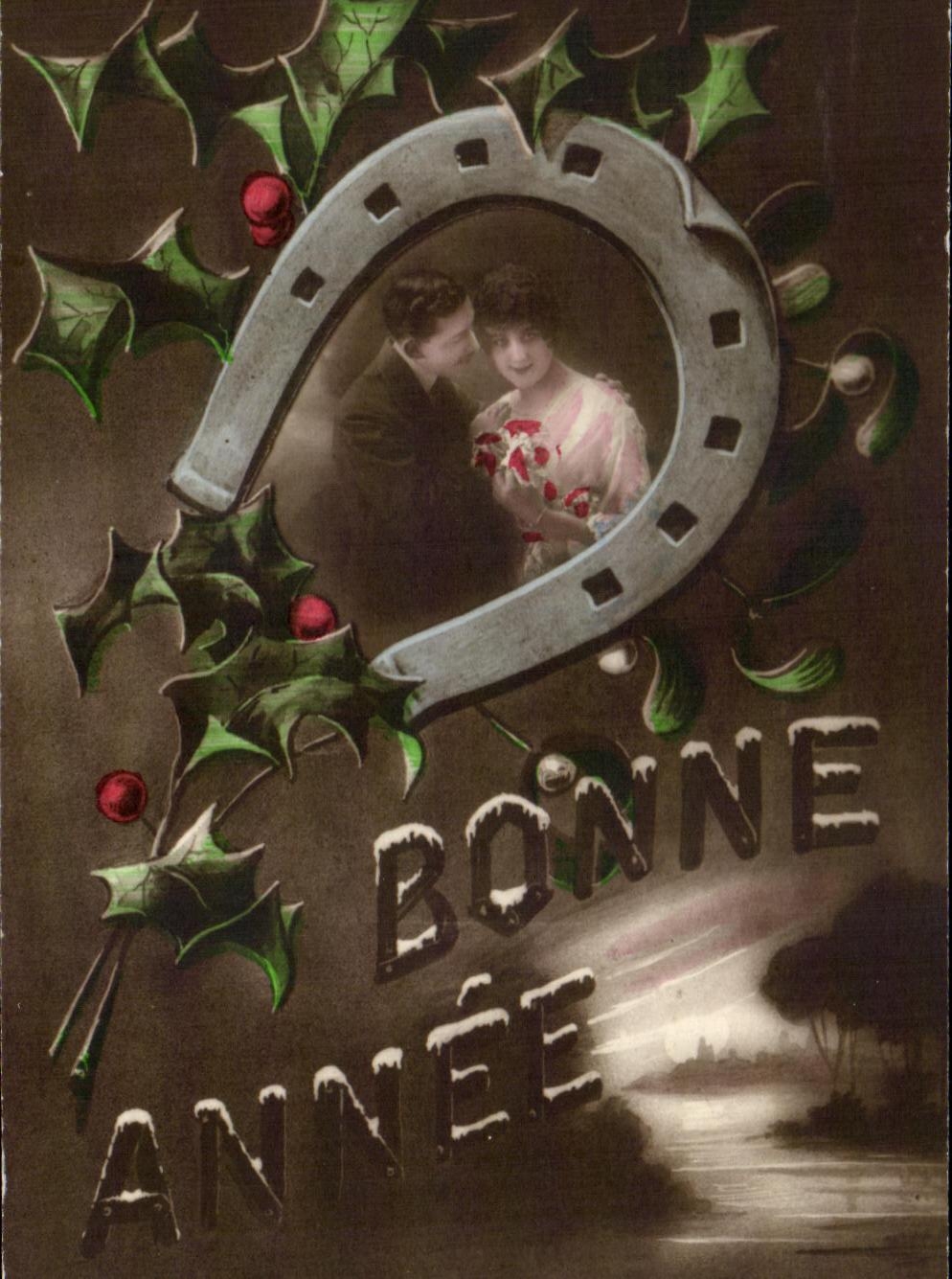 CPA Fantaisie Fleurs Bonne Annee fer a cheval