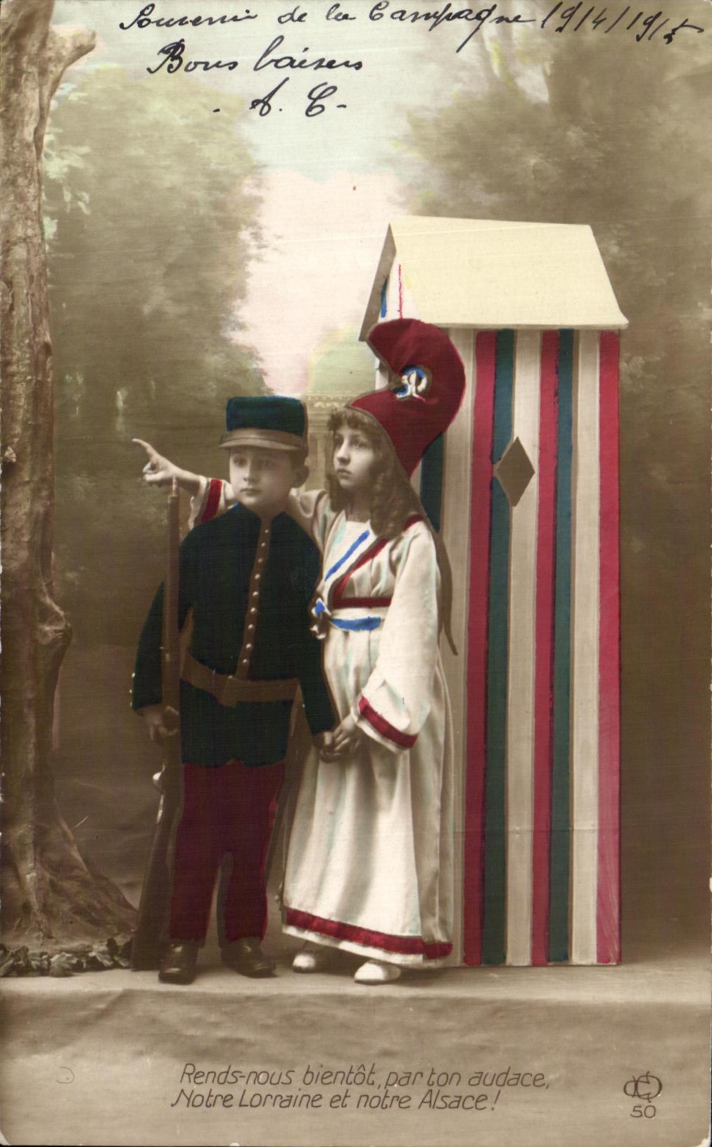CPA Fantaisie Enfant Rends nous bientot par ton audace notre lornaine et notre aisace Marianne Militaria