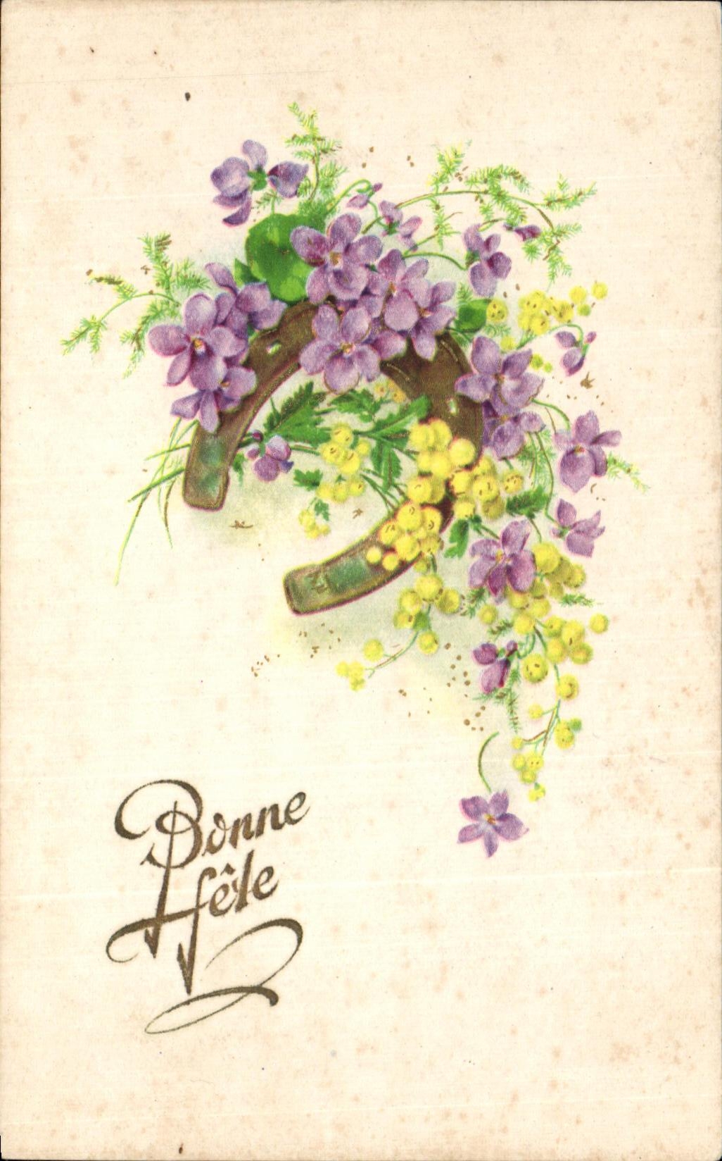 CPA Fantaisie Fleurs Bonne Fete Fer a cheval