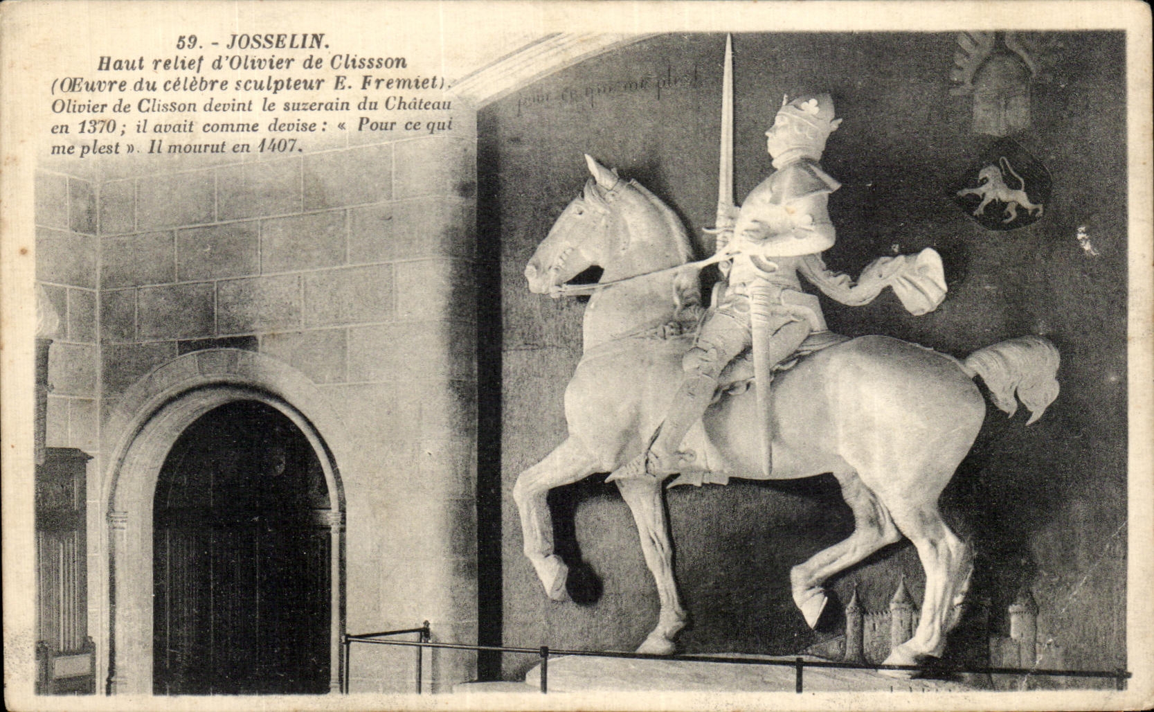 Alta relevacion de CPA Castle De Josselin del aceituna-arbol del caballo del caballo de Clisson Fremiet