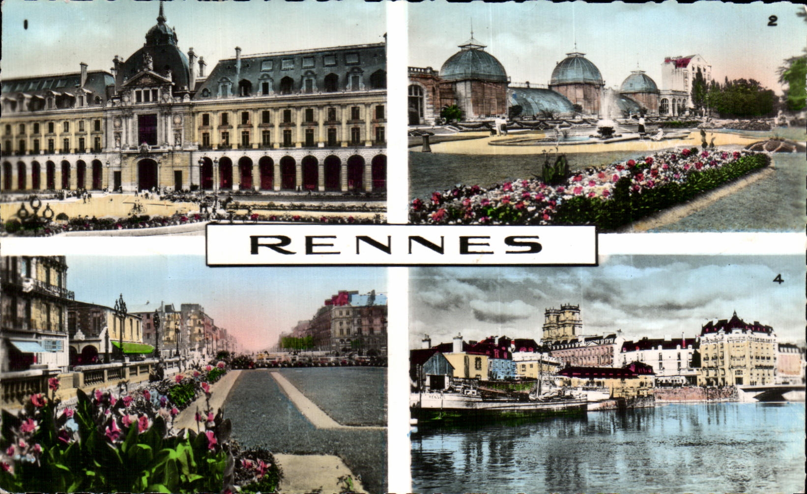 CPA Renns palais du commerce et jardins du thabor et les serres les quais et les jardins sur la vileine la pont neuf et 