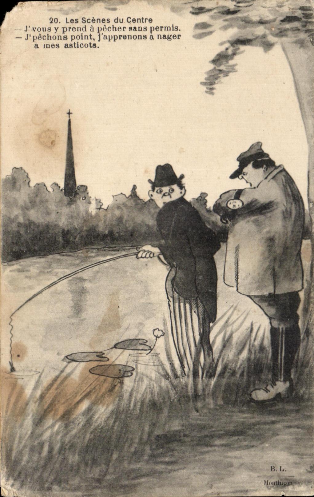 CPA Les scenes du centre j'ous y prend a prend a pecher sans permis j'pechons point moaitiucon