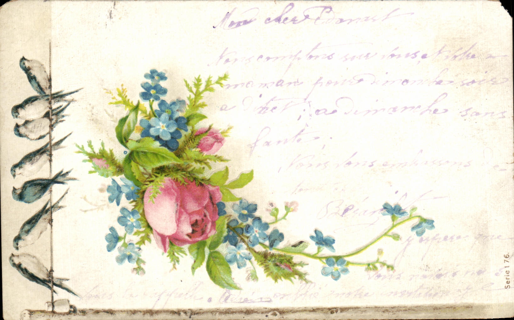 CPA Fantaisie Fleurs Oiseaux Hirondelles