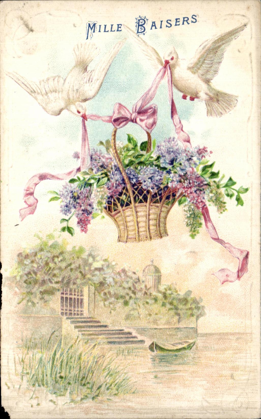 CPA Fantaisie Fleurs Colombes Oiseaux