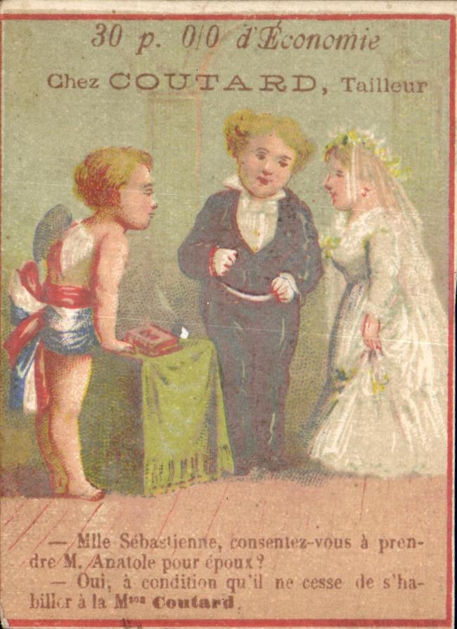 Chromo Chez Coutard Tailleur Mlle Sebastienne consentez vous a prendre M Anatole pour epoux Oui a condition Mariage