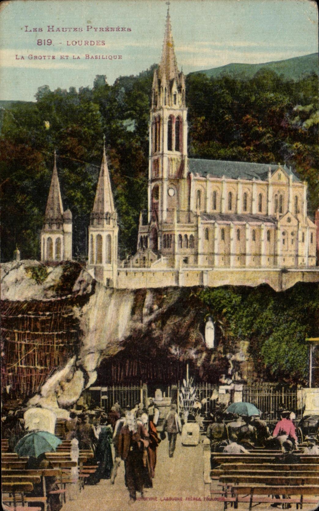 CPA Lourdes the cave and the basilica