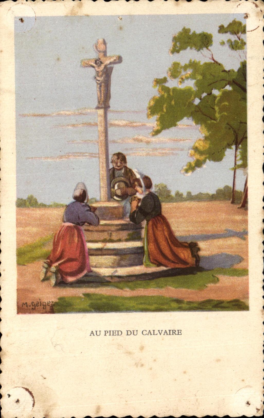 CPA Au Pied Du Calvaire Breton Bretagne Folklore